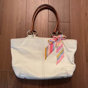 Authentic Coach White Leather Tote Bag with Colorful Scarf Accent